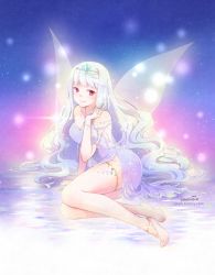 Rule 34 | 1girl, anklet, arm support, bare shoulders, barefoot, barefoot sandals (jewelry), blue hair, breasts, circlet, dress, feet, female focus, gradient background, headdress, idolmaster, idolmaster (classic), insect wings, jewelry, legs, long hair, medium breasts, red eyes, shijou takane, sitting, smile, snonfield, solo, thighlet, toe ring, toes, very long hair, wings