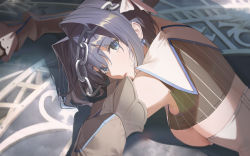 Rule 34 | 1girl, arm rest, back, bad id, bad twitter id, blue eyes, blue hair, bow, bow earrings, breasts, detached collar, detached sleeves, earrings, hair between eyes, hair intakes, head chain, highres, hololive, hololive english, jewelry, large breasts, looking at viewer, looking back, lying, michelan, on stomach, ouro kronii, parted lips, shadow, short hair, sideboob, solo, teeth, upper teeth only, virtual youtuber
