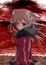 Rule 34 | 1girl, arm at side, baldr sky, beach, brown hair, closed mouth, coat, expressionless, floating hair, from side, fur-trimmed coat, fur trim, hair between eyes, hair ribbon, highres, kasukasugom1, long hair, long sleeves, looking at viewer, minazuki sora, outdoors, red coat, red eyes, red ocean, red sky, ribbon, sky, solo, two side up, upper body, white ribbon, wind