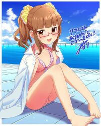 Rule 34 | 1girl, artist name, bare shoulders, barefoot, bikini, blue sky, blunt bangs, blush, bow, brown eyes, brown hair, cloud, collarbone, commission, day, dot nose, frilled bikini, frills, full body, glasses, hair bow, hair ribbon, hands up, holding, holding clothes, holding jacket, idolmaster, idolmaster cinderella girls, idolmaster cinderella girls starlight stage, ikebukuro akiha, jacket, knees together feet apart, knees up, lab coat, long hair, long sleeves, looking at viewer, midriff, open mouth, pink-framed eyewear, pool, poolside, red bikini, ribbon, semi-rimless eyewear, signature, sitting, skeb commission, sky, smile, solo, sparkle, striped bikini, striped clothes, swimsuit, toes, twintails, under-rim eyewear, wotori, yellow ribbon