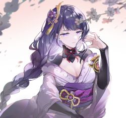 Rule 34 | 1girl, braid, branch, breasts, cleavage, closed mouth, flower, genshin impact, hair ornament, highres, japanese clothes, kimono, low-braided long hair, low-tied long hair, mole, mole under eye, obi, obiage, obijime, outdoors, purple eyes, purple flower, purple hair, purple kimono, raiden shogun, sakuragi kei, sash, solo, tassel