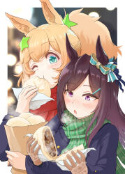 Rule 34 | 2girls, absurdres, animal ears, baozi, blue bow, blue coat, blue eyes, blurry, blurry background, border, bow, brown gloves, coat, ear bow, ear ornament, eating, food, gloves, green scarf, hair ornament, hairclip, highres, holding, holding food, horse ears, horse girl, inuyama tarou, light brown hair, long hair, looking at another, mejiro dober (umamusume), multiple girls, night, one eye closed, open mouth, ponytail, purple eyes, red scarf, scarf, star (symbol), star hair ornament, striped clothes, striped scarf, taiki shuttle (umamusume), umamusume, upper body, white border