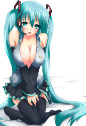 Rule 34 | 1girl, bare shoulders, blush, breasts, cleavage, hatsune miku, large breasts, long hair, nana (732 kaiten), open mouth, skirt, solo, thighhighs, twintails, very long hair, vocaloid