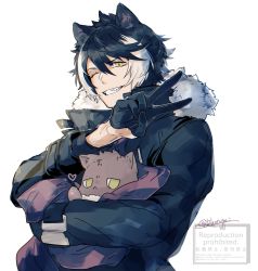 Rule 34 | 1boy, :&lt;, animal, animal ears, bad id, bad pixiv id, black coat, black gloves, black hair, cat, coat, fur-trimmed coat, fur trim, gloves, grin, half gloves, highres, holding, holding animal, holostars, hotate rayan, kageyama shien, long sleeves, looking at viewer, multicolored hair, one eye closed, parted lips, pixiv username, reddit username, simple background, slit pupils, smile, solo, twitter username, two-tone hair, upper body, v, virtual youtuber, white background, white hair, yellow eyes