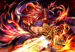 Rule 34 | absurdres, binding blade (weapon), black background, cape, closed mouth, fingerless gloves, fire, fire emblem, fire emblem: the binding blade, flaming sword, flaming weapon, gloves, headband, highres, holding, holding sword, holding weapon, looking at viewer, male focus, mihilleness, nintendo, red hair, roy (fire emblem), solo, sword, upper body, weapon