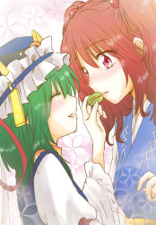 Rule 34 | 2girls, blue headwear, closed eyes, food, frilled hat, frills, green hair, hair bobbles, hair ornament, hat, holding, holding food, kiduki kaya, long sleeves, looking at another, multiple girls, onozuka komachi, open mouth, red eyes, red hair, shiki eiki, short hair, simple background, smile, touhou, two side up, upper body, white background, wide sleeves, yuri