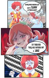 Rule 34 | 1boy, 1girl, absurdres, angelxmikey, animification, braid, clown, comic, crossed arms, crossover, facepaint, freckles, highres, mcdonald&#039;s, red hair, ronald mcdonald, smile, smug, striped, twin braids, twintails, wendy&#039;s, wendy (wendy&#039;s)
