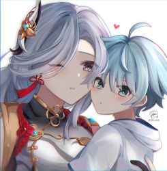 Rule 34 | 1boy, 1girl, :o, aged down, ahoge, aqua nails, artist name, aunt and nephew, blue eyes, blue hair, blush, bright pupils, child, chinese clothes, chongyun (genshin impact), earrings, genshin impact, gold trim, gradient eyes, hair between eyes, hair ornament, hair over one eye, hand up, heart, highres, holding, hood, hood down, hoodie, jewelry, long hair, looking at another, looking at viewer, multicolored eyes, nail polish, parted bangs, parted lips, purple eyes, riane cotton, shenhe (genshin impact), short hair, single earring, swept bangs, tassel, tassel earrings, twitter username, upper body, white background, white hoodie, white pupils