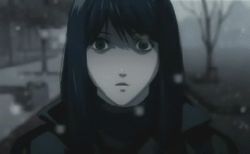 Rule 34 | 1girl, animated, animated gif, black hair, black jacket, death note, empty eyes, expressionless, jacket, long hair, lowres, misora naomi, pale skin, snow, snowing, solo, staring, tree, turtleneck, wide-eyed