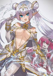 Rule 34 | 2girls, arm guards, baobhan sith (fate), baobhan sith (first ascension) (fate), bare shoulders, belt, blue eyes, blush, breasts, britomart (fate), britomart (second ascension) (fate), capelet, center frills, center opening, cleavage, dagger, detached sleeves, double bun, dress, elbow gloves, fate/grand order, fate (series), frills, gloves, gold trim, grey eyes, grey hair, hair bun, hairband, highres, katsu (katsupainter), knife, large breasts, long hair, looking at viewer, multiple girls, open mouth, pants, pink hair, pointy ears, red dress, sidelocks, smile, sweatdrop, thighs, tiara, tight clothes, tight pants, twintails, very long hair, weapon, white capelet, white dress, white gloves, white pants