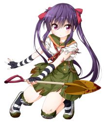 Rule 34 | 10s, 1girl, blood, blood on clothes, blood on face, blood on hands, bloody weapon, ebisuzawa kurumi, elbow gloves, fingerless gloves, gakkou gurashi!, gloves, hair ribbon, long hair, looking at viewer, pink eyes, puffy short sleeves, puffy sleeves, purple eyes, purple hair, ribbon, ruu (tksymkw), school uniform, serafuku, shirt, shoes, short sleeves, shovel, simple background, skirt, solo, torn clothes, torn shirt, torn skirt, torn sleeves, twintails, uwabaki, very long hair, weapon, worktool
