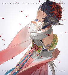 Rule 34 | 1girl, au ra, bare shoulders, closed eyes, detached sleeves, emmmerald, final fantasy, final fantasy xiv, flower, from side, grey background, hair flower, hair ornament, hakama, hakama skirt, horns, japanese clothes, long sleeves, obi, parted lips, petals, purple hair, red flower, sash, short hair, skirt, solo, spider lily, standing, tassel, wide sleeves