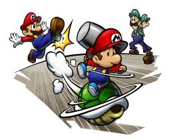 Rule 34 | 4boys, aged down, aged up, attack, baby, baby luigi, baby mario, boots, brothers, carrying, clenched hand, facial hair, fighting stance, gloves, hammer, hat, highres, kicking, koopa shell, luigi, male focus, mario, mario &amp; luigi rpg, mario (series), multiple boys, mustache, nintendo, official art, partners in time, piggyback, riding, shoes, siblings, suspenders, time paradox, weapon, white background