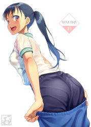 Rule 34 | 1girl, blue hair, brown eyes, highres, looking back, shiny skin, shirt, smile, solo, sports uniform