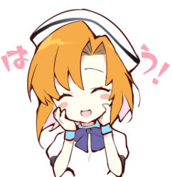 Rule 34 | 1girl, :d, ^ ^, beret, blue wrist cuffs, blush stickers, bow, chibi, closed eyes, commentary request, dress, facing viewer, hands on own cheeks, hands on own face, hands up, happy, hat, higurashi no naku koro ni, open mouth, orange hair, puffy short sleeves, puffy sleeves, purple bow, ryuuguu rena, short hair, short sleeves, simple background, smile, solo, suzuragi karin, translated, upper body, white background, white dress, white hat, wrist cuffs