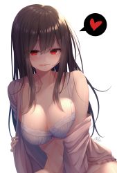 Rule 34 | 1girl, bad id, bad pixiv id, bare shoulders, black hair, bottomless, bra, breasts, brown shirt, cleavage, collarbone, grey bra, heart, highres, large breasts, long hair, long sleeves, looking at viewer, off shoulder, open clothes, open shirt, original, ramchi, red eyes, shirt, signature, simple background, sitting, solo, spoken heart, stomach, tongue, tongue out, underwear, white background, yandere-chan (ramchi)