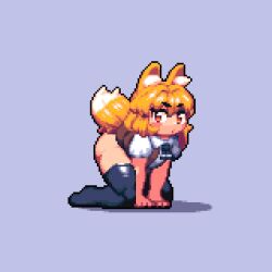 Rule 34 | 1girl, absurdres, all fours, animal ear fluff, animal ears, ascot, asymmetrical hair, black ascot, black thighhighs, blonde hair, blush, brown skirt, brown vest, collared shirt, commentary request, cookie (touhou), fox ears, fox girl, fox tail, full body, grey background, highres, kneeling, looking at viewer, medium hair, miniskirt, miramikaru riran, no shoes, open mouth, pixel art, red eyes, shirt, short sleeves, sidelocks, simple background, skirt, solo, tail, thighhighs, tonchamon san, vest, white shirt