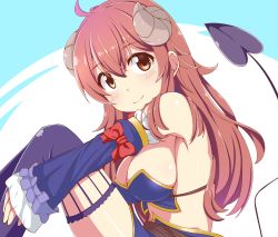 Rule 34 | 1girl, ahoge, armpit peek, black thighhighs, blue background, blush, breasts, brown eyes, brown hair, cleavage, closed mouth, demon girl, demon horns, demon tail, dou-t, frilled sleeves, frills, highres, horns, large breasts, long hair, looking at viewer, looking to the side, machikado mazoku, revealing clothes, shiny skin, simple background, smile, solo, tail, thighhighs, two-tone background, white background, yoshida yuuko (machikado mazoku)