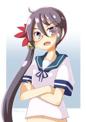 Rule 34 | &gt;:d, 10s, 1girl, :d, akebono (kancolle), bell, bespectacled, collarbone, crossed arms, flower, glasses, gradient background, grey background, hair bell, hair flower, hair ornament, jingle bell, kantai collection, looking at viewer, midriff, nassukun, navel, open mouth, purple eyes, purple hair, red-framed eyewear, school uniform, serafuku, shirt, short sleeves, side ponytail, simple background, smile, solo, twitter username, v-shaped eyebrows, white shirt