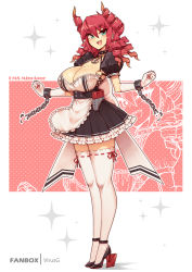 Rule 34 | black footwear, breasts, broken, broken chain, chain, cleavage, cuffs, drill hair, fanbox username, full body, gloves, hair between eyes, high heels, large breasts, legs together, looking at viewer, maid, o-ring, o-ring top, original, puffy short sleeves, puffy sleeves, red hair, sharp teeth, short sleeves, standing, teeth, thighhighs, virus-g, white gloves, white thighhighs, zettai ryouiki