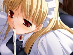 Rule 34 | 1girl, cum, cum in mouth, cumdrip, game cg, indoors, maid, solo, tagme