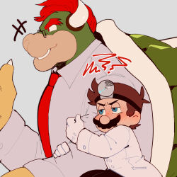 Rule 34 | 2boys, absurdres, arm hug, bespectacled, blue eyes, blush, bowser, bowser jr., brown hair, doctor, dr. mario, dr. mario (game), facial hair, from side, furry, furry with non-furry, glasses, gloves, highres, horns, interspecies, kamari (kakomari25), lab coat, male focus, mario, mario (series), mohawk, multiple boys, mustache, nintendo, salaryman, short hair, shy, size difference, upper body, yaoi