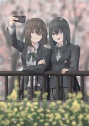 Rule 34 | 2girls, araishi maro, arm up, bad id, bad pixiv id, black hair, black jacket, black skirt, blazer, blue eyes, blurry, blurry background, blush, bob cut, bow, bowtie, brown hair, cherry blossoms, collared shirt, dress shirt, green bow, green bowtie, hand up, highres, holding, holding another&#039;s arm, holding phone, jacket, long sleeves, medium hair, multiple girls, original, outdoors, parted lips, phone, pleated skirt, purple eyes, railing, school uniform, selfie, shirt, skirt, smile, standing, taking picture, teeth, tree, upper teeth only, white shirt