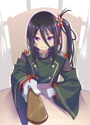 Rule 34 | 1girl, arm cutout, black hair, buttons, closed mouth, commentary request, double-breasted, gloves, green jacket, hair ornament, hand on table, holding, holding stick, jacket, kurukuru (p!), long hair, long sleeves, looking at viewer, military uniform, on chair, purple eyes, shichiseiken (tenka hyakken), shoulder boards, side ponytail, smile, solo, star (symbol), star hair ornament, stick, tenka hyakken, uniform, upper body, white gloves, wide sleeves