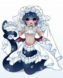 Rule 34 | 1girl, ano5102, bat wings, blue hair, bouquet, bow, breasts, bridal veil, fangs, female focus, flower, gloves, highres, lamia, looking at viewer, monster girl, navel, open mouth, original, pointy ears, prehensile tail, purple eyes, rose, small breasts, solo, tail, veil, white bow, white flower, white gloves, white rose, wings