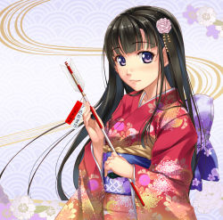 Rule 34 | 1girl, black hair, flower, hair flower, hair ornament, japanese clothes, kimono, kobapyon, long hair, looking at viewer, original, purple eyes, solo