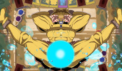 Rule 34 | 1boy, arms behind head, bara, card, cross, duel monster, egyptian, exodia the forbidden one, full body, looking at viewer, lying, male focus, manly, muscular, muscular male, on back, red eyes, shiseki hirame, solo, spread legs, teeth, water drop, yu-gi-oh!, yu-gi-oh! master duel