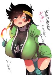 Rule 34 | 1girl, artist request, bent over, black hair, black thighhighs, blush, breasts, dragon quest, dragon quest dai no daibouken, fang, fire, fire, genderswap, genderswap (mtf), hanging breasts, highres, large breasts, looking at viewer, medium hair, open mouth, pop (dragon quest dai no daibouken), pyrokinesis, red eyes, skin fang, smile, solo, thighhighs, yellow eyes, zettai ryouiki