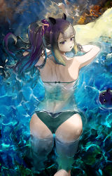 Rule 34 | 1girl, :3, absurdres, alternate hairstyle, ass, back, back focus, bikini, black bikini, blush, commentary, english commentary, fang, from above, from behind, highres, hololive, hololive english, long hair, looking at viewer, looking back, mole, mole under eye, ninomae ina&#039;nis, open mouth, partially submerged, ponytail, purple eyes, purple hair, swimsuit, takodachi (ninomae ina&#039;nis), tentacle hair, virtual youtuber, vyragami, water