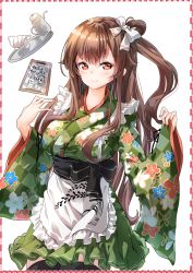 Rule 34 | .live, 1girl, absurdres, apron, black bow, black thighhighs, blush, bow, brown hair, checkered clothes, checkered kimono, clipboard, closed mouth, cup, darjeeling (reley), fingernails, floral print, frilled apron, frills, green kimono, hair between eyes, hair bow, hands up, highres, japanese clothes, kimono, kimono skirt, long hair, long sleeves, nail polish, one side up, pinching sleeves, print kimono, red eyes, red nails, sleeves past wrists, smile, solo, teacup, thighhighs, tray, unmoving pattern, very long hair, virtual youtuber, waist apron, white apron, white bow, wide sleeves, yaezawa natori, yagasuri