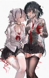 2girls alternate_costume black_choker black_hair black_ribbon black_skirt black_thighhighs bow bowtie breasts camellya_(wuthering_waves) choker cleavage clothes_grab crossed_legs female_rover_(wuthering_waves) flying_sweatdrops food food_in_mouth garter_straps grey_hair hair_ribbon highres invisible_chair long_sleeves looking_at_another medium_hair mouth_hold multicolored_hair multiple_girls necktie necktie_grab neckwear_grab open_mouth pocky pocky_in_mouth red_bow red_bowtie red_necktie ribbon rover_(wuthering_waves) school_uniform shirt simple_background sitting skirt sleeves_rolled_up streaked_hair thighhighs utsuhostoria watermark white_background white_shirt white_thighhighs wuthering_waves zettai_ryouiki