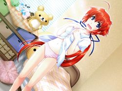 Rule 34 | 1girl, ahoge, bed, bedroom, black eyes, window blinds, bra, embarrassed, hair ribbon, indoors, lingerie, long hair, lowres, open mouth, panties, ponytail, red hair, ribbon, solo, striped, stuffed animal, stuffed toy, underwear, undressing, very long hair