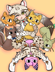 Rule 34 | 1girl, animal costume, animal ear fluff, animal ears, bare shoulders, bow, bowtie, brown hair, cat ears, cat girl, cat tail, edamamezooooo, extra ears, geoffroy&#039;s cat (kemono friends), green eyes, highres, kemono friends, kemono friends v project, kneehighs, long hair, looking at viewer, microphone, multicolored hair, one eye closed, ribbon, shirt, shoes, skirt, smile, socks, tail, twintails, virtual youtuber