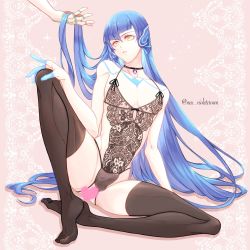 Rule 34 | 1boy, black legwear, blue hair, bulge, censored, choker, collarbone, commentary request, crossdressing, dq11neu, erection, erection under clothes, eyelashes, feet together, full body, gem, hand on own knee, head tilt, heart, heart censor, highres, knees apart feet together, lace background, legs, lingerie, long hair, long legs, looking at another, looking to the side, male focus, no shoes, out of frame, parted lips, pink background, protagonist (smtv), shadow, shin megami tensei, shin megami tensei v, shiny skin, single sidelock, sitting, solo focus, spread legs, thighhighs, thighs, toes, trap, twitter username, underwear, very long hair, yellow eyes