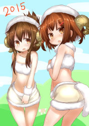 Rule 34 | 10s, 2015, 2girls, animal costume, bandeau, bare shoulders, blush, brown eyes, brown hair, folded ponytail, hair ornament, hairclip, horns, ikazuchi (kancolle), inazuma (kancolle), inyucchi, kantai collection, kemonomimi mode, looking at viewer, multiple girls, open mouth, sheep costume, sheep horns, skirt, skirt set, strapless, tube top