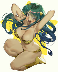 Rule 34 | 1girl, animal print, armpits, arms up, bare shoulders, bikini, blush, boots, breasts, brown eyes, collarbone, cone horns, green hair, highres, horns, kneeling, large breasts, long hair, looking at viewer, lum, navel, oni, open mouth, poch4n, smile, solo, strapless, strapless bikini, swimsuit, teeth, thick thighs, thighs, tiger print, tongue, urusei yatsura, yellow footwear