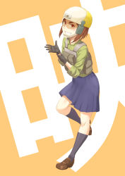 Rule 34 | 1girl, absurdres, adjusting clothes, adjusting gloves, black gloves, black socks, blue skirt, blush, bob cut, brown eyes, brown footwear, brown hair, camera, chin strap, commentary, copyright request, eizouken ni wa te wo dasu na!, flak jacket, gloves, goggles, green shirt, grin, helmet, highres, jacket, leg up, loafers, looking at viewer, mirror, mizusaki tsubame, pleated skirt, pouch, row (kentaro 0904), shaded face, shirt, shoes, short hair, simple background, skirt, smile, socks, solo, translated, white headwear, yellow background, yellow headwear