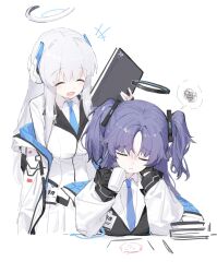 Rule 34 | 2girls, doodle sensei (blue archive), black gloves, blue archive, blue necktie, breasts, closed eyes, closed mouth, collared shirt, countryman (artist), cup, formal, gloves, grey hair, halo, headphones, highres, holding, holding cup, id card, jacket, large breasts, long hair, long sleeves, mechanical halo, multiple girls, necktie, noa (blue archive), open mouth, purple hair, sensei (blue archive), shirt, simple background, smile, spoken squiggle, squiggle, suit, two-sided fabric, two-sided jacket, two side up, white background, white jacket, white shirt, yuuka (blue archive)