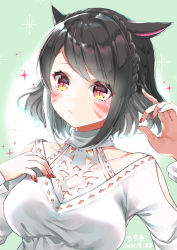 Rule 34 | 1girl, animal ears, black hair, blush, braid, breasts, cat ears, clothing cutout, commentary request, crown braid, dated, facial mark, final fantasy, final fantasy xiv, green background, hand on own chest, highres, long sleeves, medium breasts, miqo&#039;te, mochiko tsuru, nail polish, red eyes, red nails, shoulder cutout, signature, slit pupils, solo, upper body, warrior of light (ff14), whisker markings