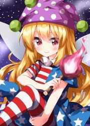 Rule 34 | 1girl, american flag dress, american flag legwear, blonde hair, blush, clownpiece, dress, fairy wings, fire, frilled shirt collar, frills, hat, highres, jester cap, light smile, long hair, looking at viewer, moon, pantyhose, polka dot, ruu (tksymkw), short sleeves, sky, solo, star (sky), star (symbol), starry sky, striped clothes, striped pantyhose, touhou, very long hair, wings