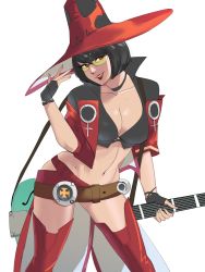 Rule 34 | 1girl, absurdres, black hair, blue eyes, bob cut, breasts, cleavage, electric guitar, fingerless gloves, glasses, gloves, green-tinted eyewear, guilty gear, guilty gear strive, guitar, hat, heart, heart-shaped pupils, highres, i-no, instrument, large breasts, mole, mole above mouth, mole under eye, navel, simple background, skullworms, smile, solo, symbol-shaped pupils, thighhighs, tinted eyewear, white background, witch hat