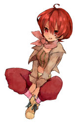 Rule 34 | 1girl, belt, breasts, iria animi, jacket, midriff, navel, open mouth, pants, red eyes, red hair, shoes, short hair, socks, solo, tales of (series), tales of innocence
