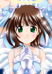 Rule 34 | 00s, 1girl, amami haruka, bare shoulders, blush, brown hair, closed mouth, collarbone, cute &amp; girly (idolmaster), gloves, green eyes, own hands clasped, idolmaster, idolmaster (classic), idolmaster 1, itsuki sayaka, looking at viewer, own hands together, smile, solo, tareme, upper body, white gloves