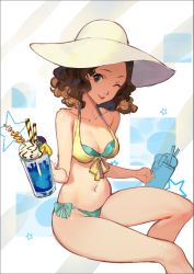 Rule 34 | 10s, 1girl, bikini, breasts, brown eyes, brown hair, cleavage, cup, drinking glass, drinking straw, female focus, hat, holding, holding cup, looking at viewer, medium breasts, navel, okumura haru, one eye closed, persona, persona 5, seinen, short hair, side-tie bikini bottom, sitting, smile, solo, swimsuit, water, wink