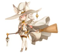 Rule 34 | 1girl, animal ears, breasts, broom, cape, ears through headwear, grey eyes, hat, holding, original, ran system, silver hair, simple background, smile, solo, thighhighs, white background, white thighhighs, witch, witch hat