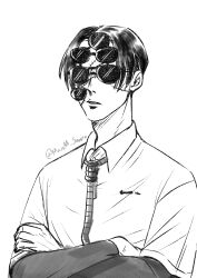 Rule 34 | 1boy, absurdres, choujin x, collared shirt, crossed arms, eyewear on head, facing viewer, greyscale, highres, maxm sama, monochrome, noh mask (choujin x), noose, shirt, simple background, solo, stitched face, stitches, sunglasses, twitter username, white background